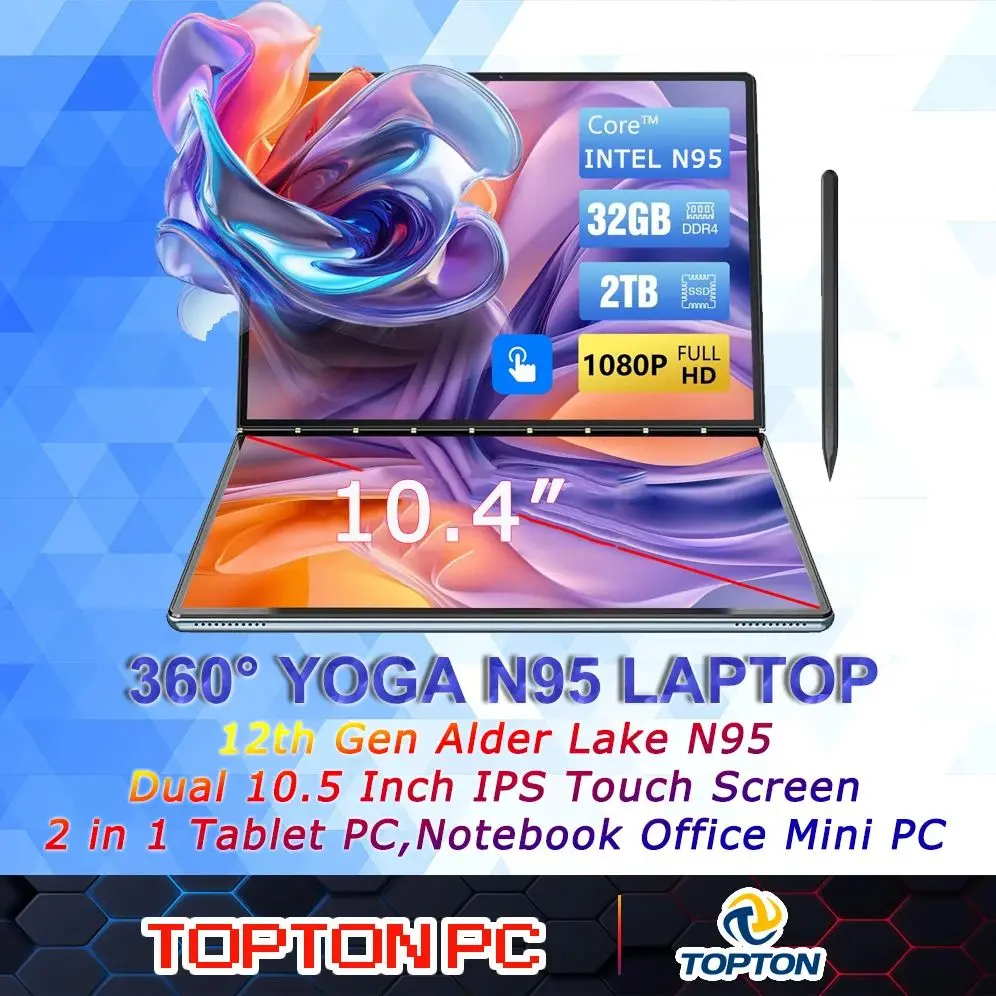 TOPTON L15 Dual Screen Laptop N95 10.4” Touch 360° Windows/Linux