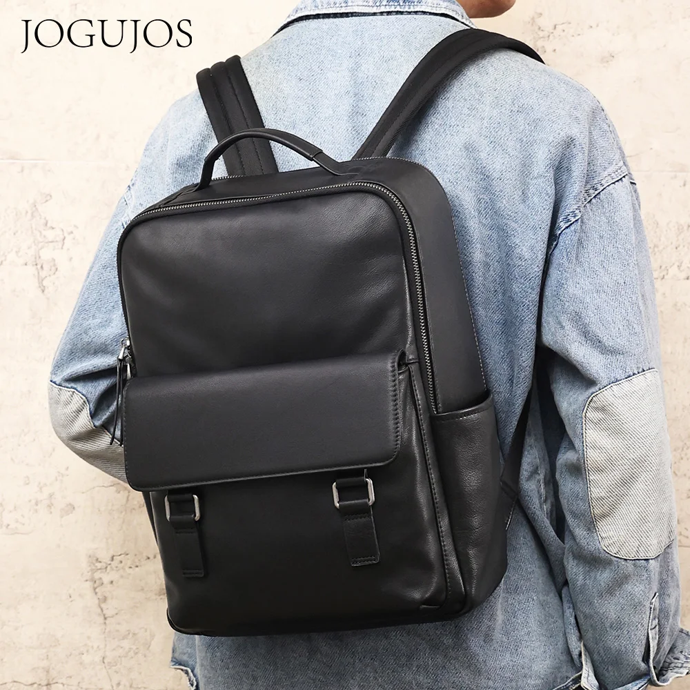 

JOGUJOS Genuine Cow Leather Men Backpack Fashion Luxury Men's Backpack Causal Travel Schoolbag Daypack for 14.2" Laptop