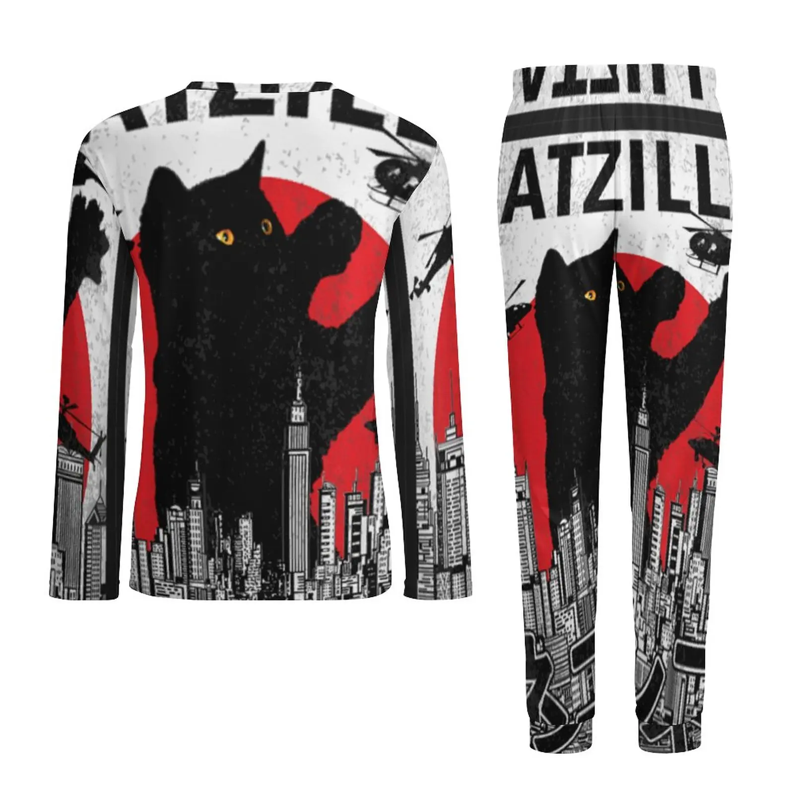 Catzilla Japanese Pajamas Man Sunset Cat Kawaii Sleepwear Autumn Long Sleeve 2 Pieces Aesthetic Graphic Pajamas Set Big Size 5XL