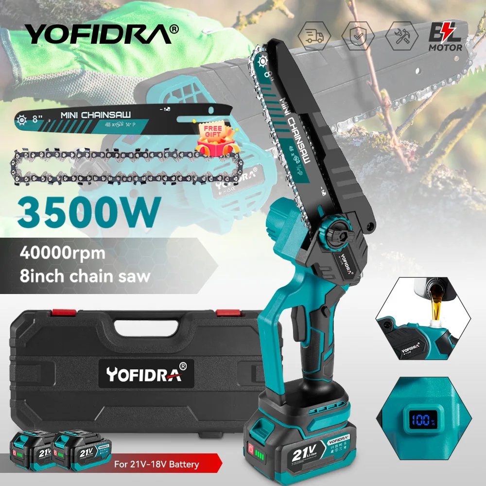 YOFIDRA Brushless 8 inch Electric Pruning Saw Cordless Chainsaw Rechargeable Woodworking Power Tool For Makita 21V Battery Pin