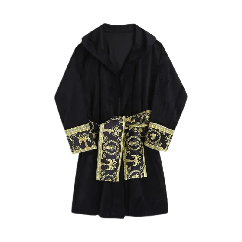 Cardigan Coat Men Loose Long Hooded Velvet Nightgown Robes Belted For LUZHEN