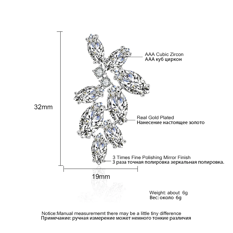 Leaf Marquise Zircon Bridal Earrings for Women White Shiny Crystal Elegant Wedding Party Jewelry Crystal Earrings
