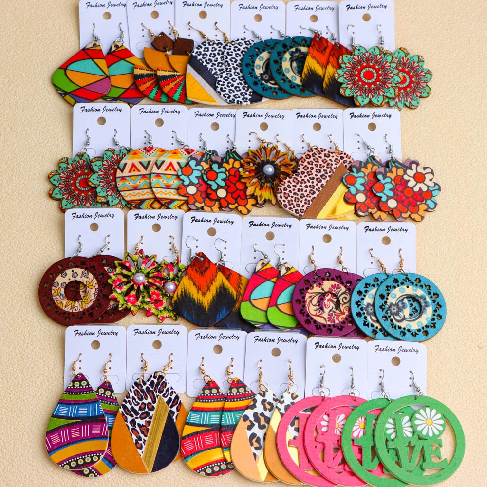 20 Paare/los Tie Dye Bunte Abstrakte frauen Holz Ohrringe Böhmischen Retro Hohl Hängen Ohrringe Täglichen Urlaub Schmuck – Detail 5