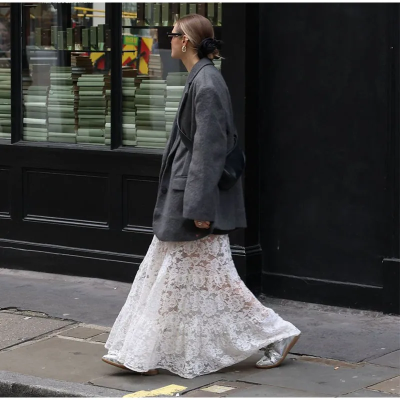 Elegant Floral Lace Hollow Out Skirts Women Sexy Retro Solid Low Waist Long Skirt Female Korean Autumn Summer Loose Versatile