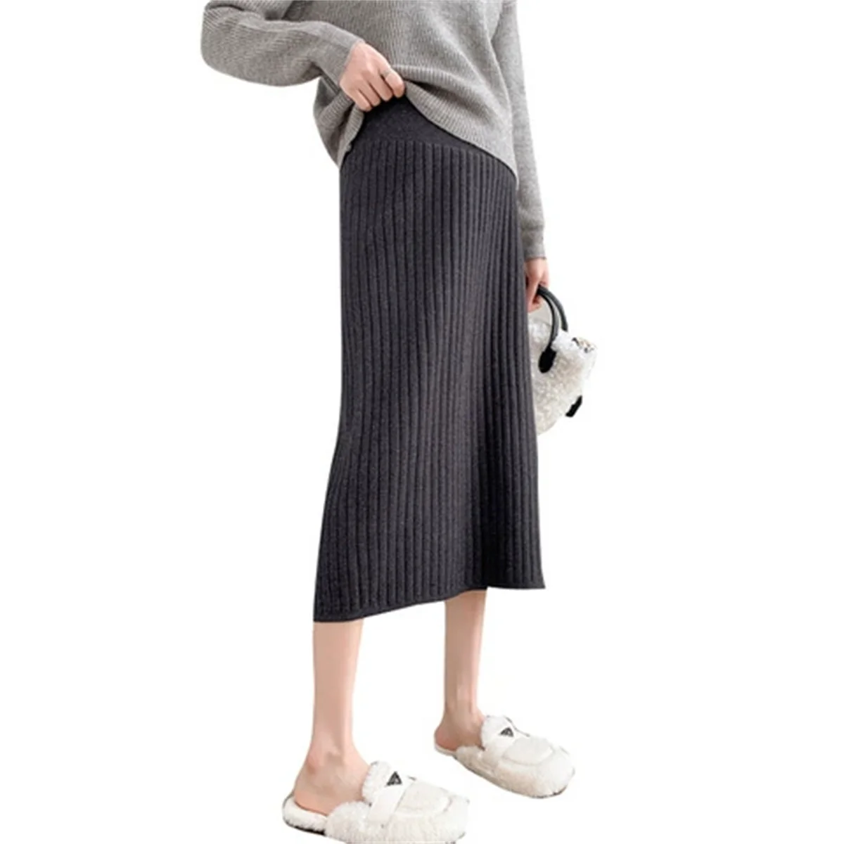 Pregnant women skirt in the long knitted belly skirt high-waisted slimming package hip over the knee bottom