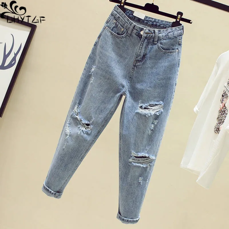 

UHYTGF Ripped Jeans For Women Spring Summer New Loose Casual High-Waist Pocket Small Foot Pants Female Nine-Point Denim Trousers