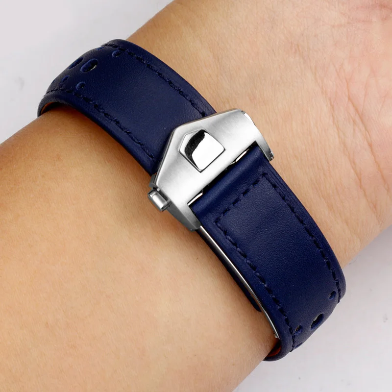 Men's Soft Genuine Cowhide Leather Watchband with Folding Buckle - 22mm, Compatible with Tag Heuer Monaco Series
