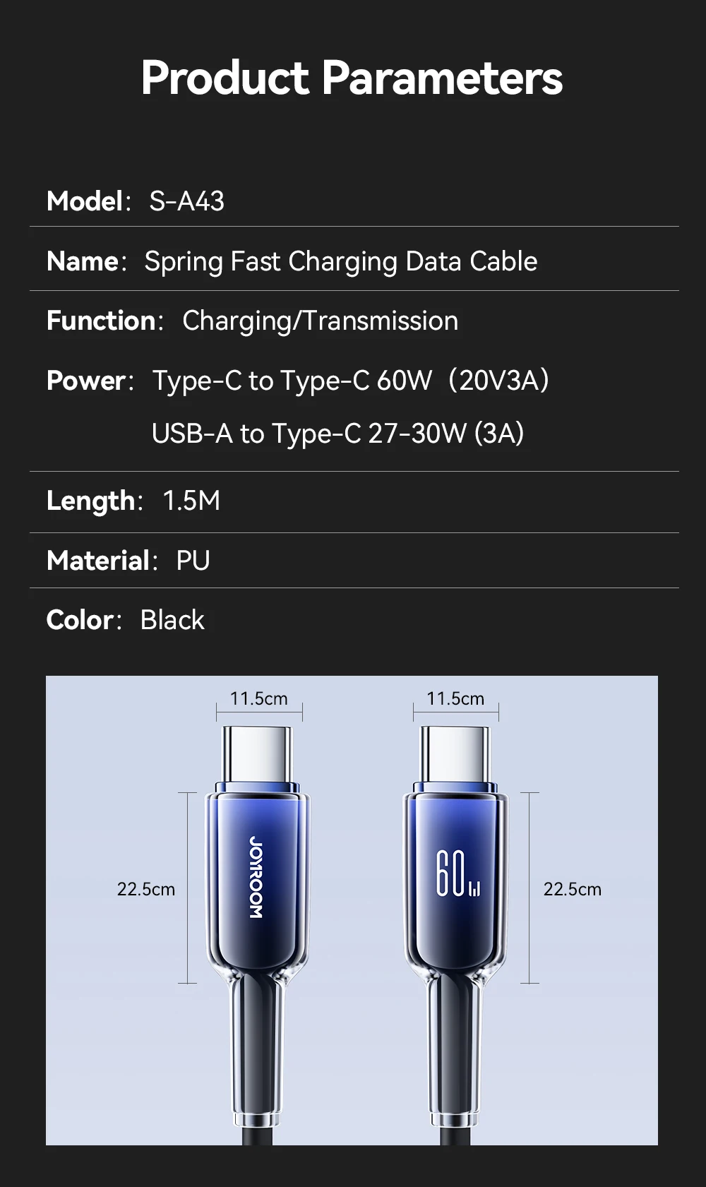 Joyroom 60W USB Type C Fast Charging Cable Spring Telescopic Car Charger Cable For iPhone 16 15 Pro Max /Xiaomi /Huawei Android