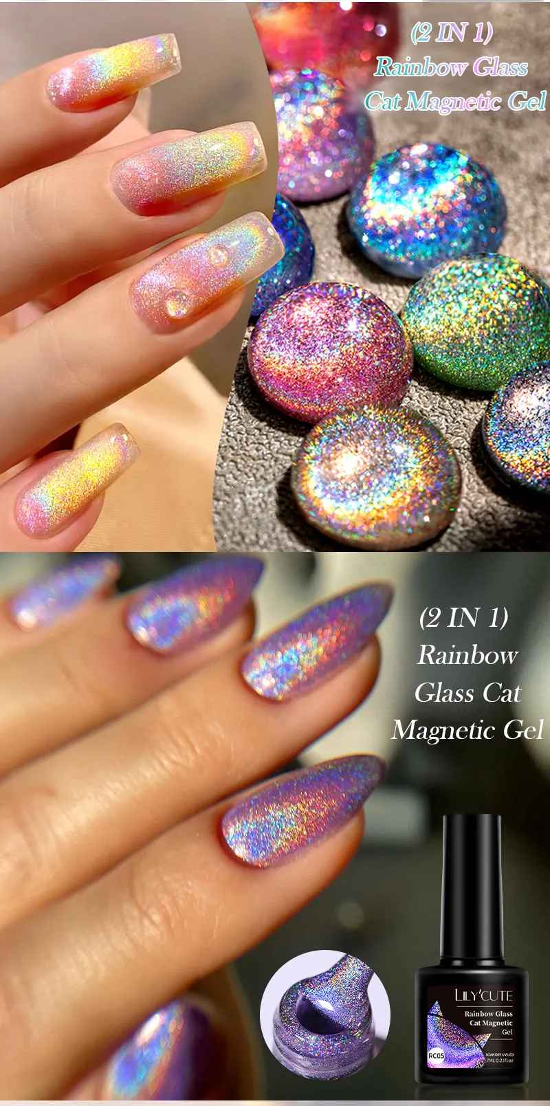 Description Picture 4 of itemLILYCUTE 7ML Sparkling Glitter Rainbow Cat Magnetic Gel Nail Polish 9D Colorful  Semi Permanent Soak Off Nail Art UV Gel Varnish