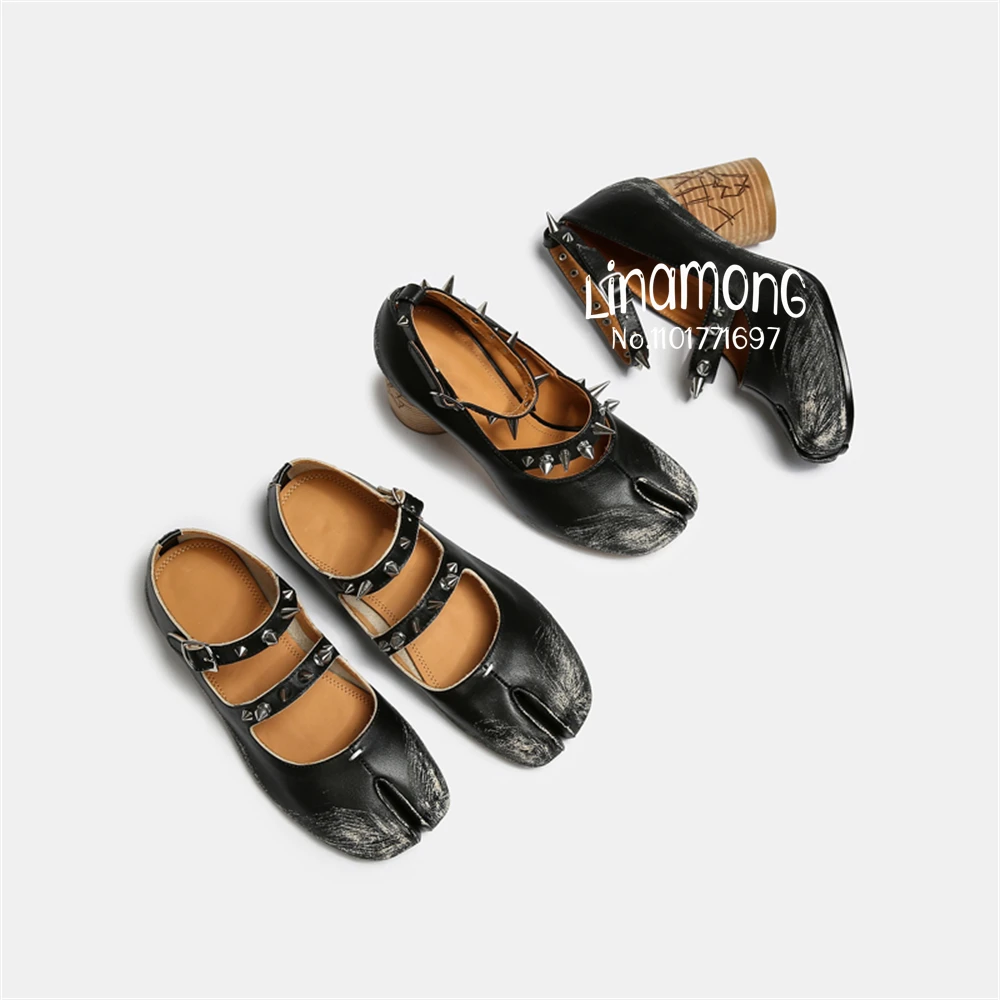 

Туфли-лодочки женские с заклепками и пряжкой, состаренные черные кожаные туфли на плоской подошве, обувь в стиле панк с разрезом и двойной пряжкой на высоком каблуке