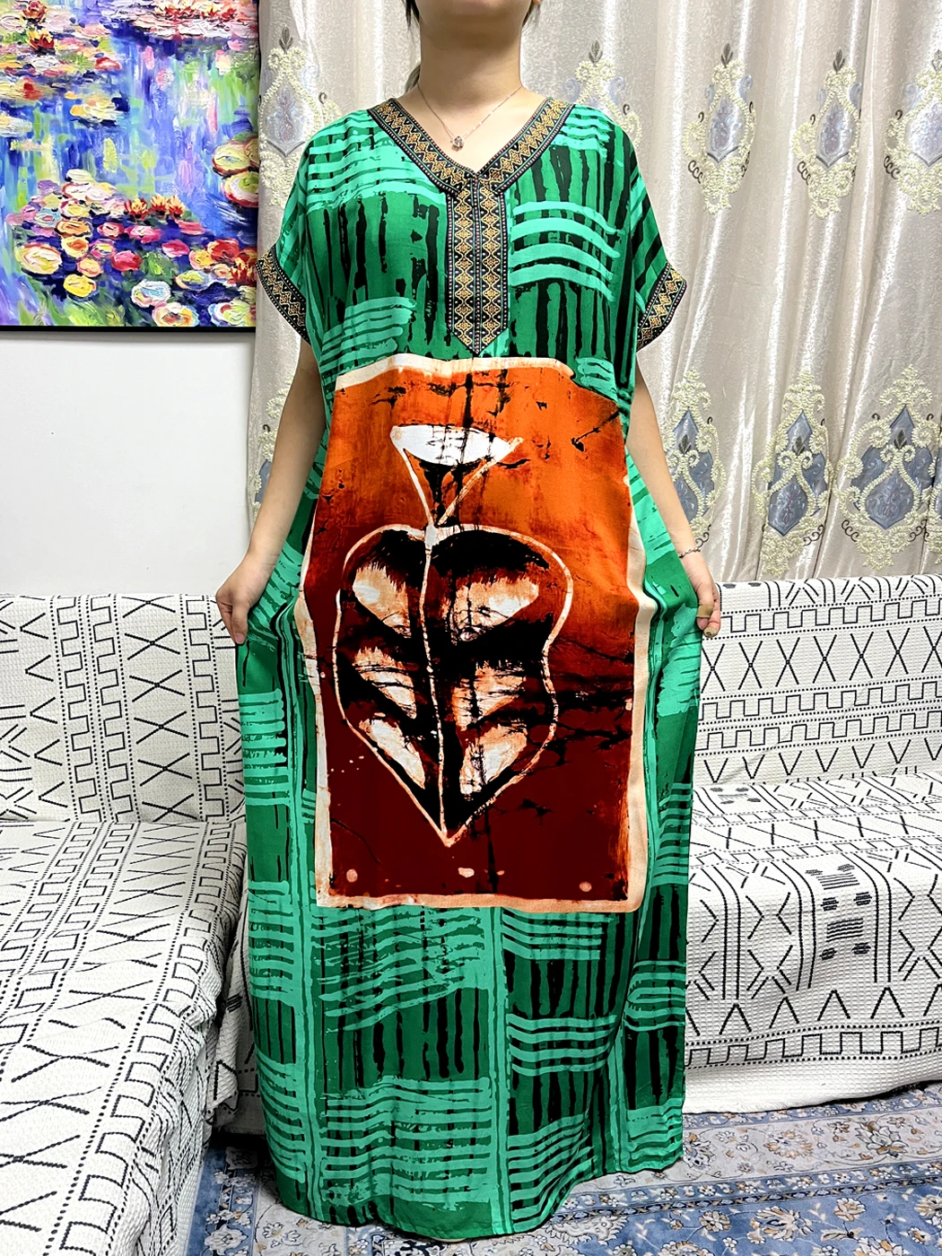 Abayas For Women 2023 Summer V-neck Cotton Printed Pattern Loose Fit Femme Robe African Nigeria Islam Novelty Design With Turban