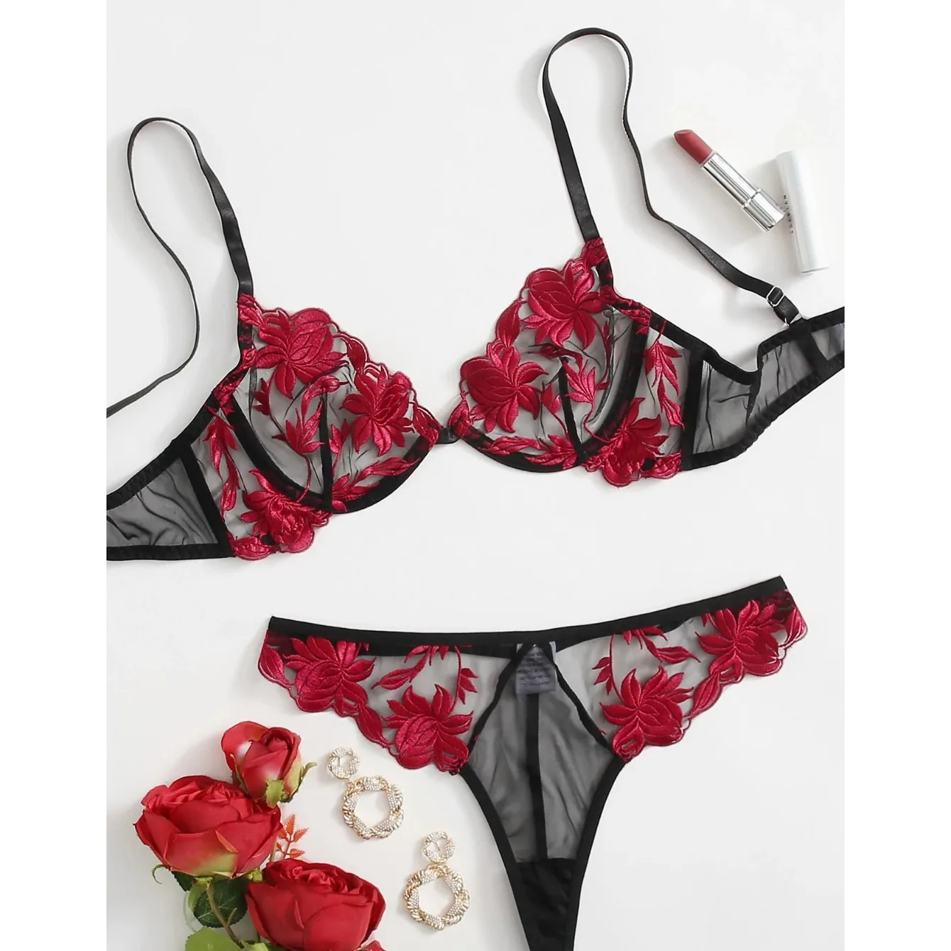 

Соблазнительные красные комплекты нижнего белья, Прозрачный цветочный бюстгальтер с вышивкой, пуш-ап, женское нижнее белье, чувственное женское белье, комплект с бюстгальтером с глубоким V-образным вырезом