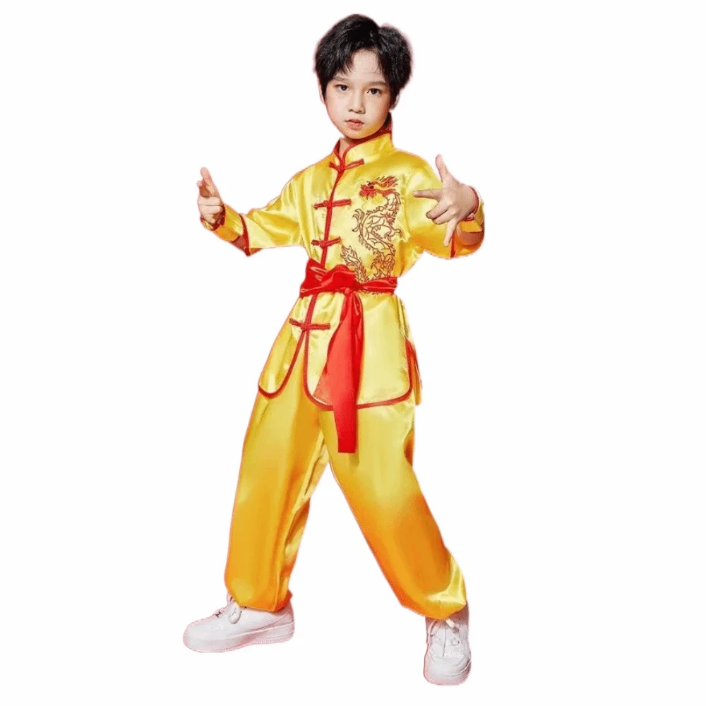 Traditionelles chinesisches Wushu-Kostüm mit langen Ärmeln und Gürtel, Kungfu-Uniform, Wushu-Performance, Kampfkunst-Uniform für Kinder, Jungen und Mädchen – Detail 4