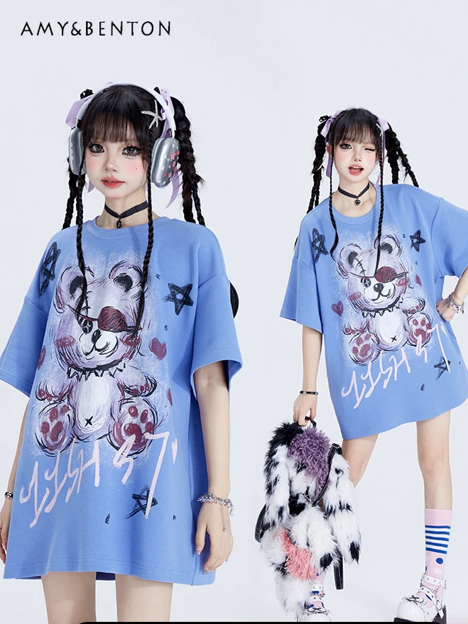 

Cute Cartoon Printed Short-Sleeved Tops Summer Harajuku Sweet Oversized T Shirt Retro Hot Girl Y2K Top Gothic Graphic T Shirts