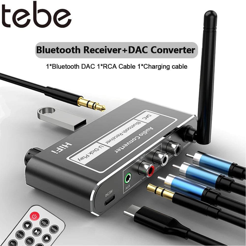 Tebe Wireless Dac Converter Bluetooth 5.2 Receiver Audio Coaxial To R/l 3.5mm Aux Adapter With U