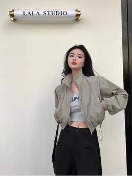 2024 Autumn Vintage Women's Windbreaker Cropped Jackets Harajuku Oversized Streetwear Long Sleeve Fashion Female Elegant Top 1