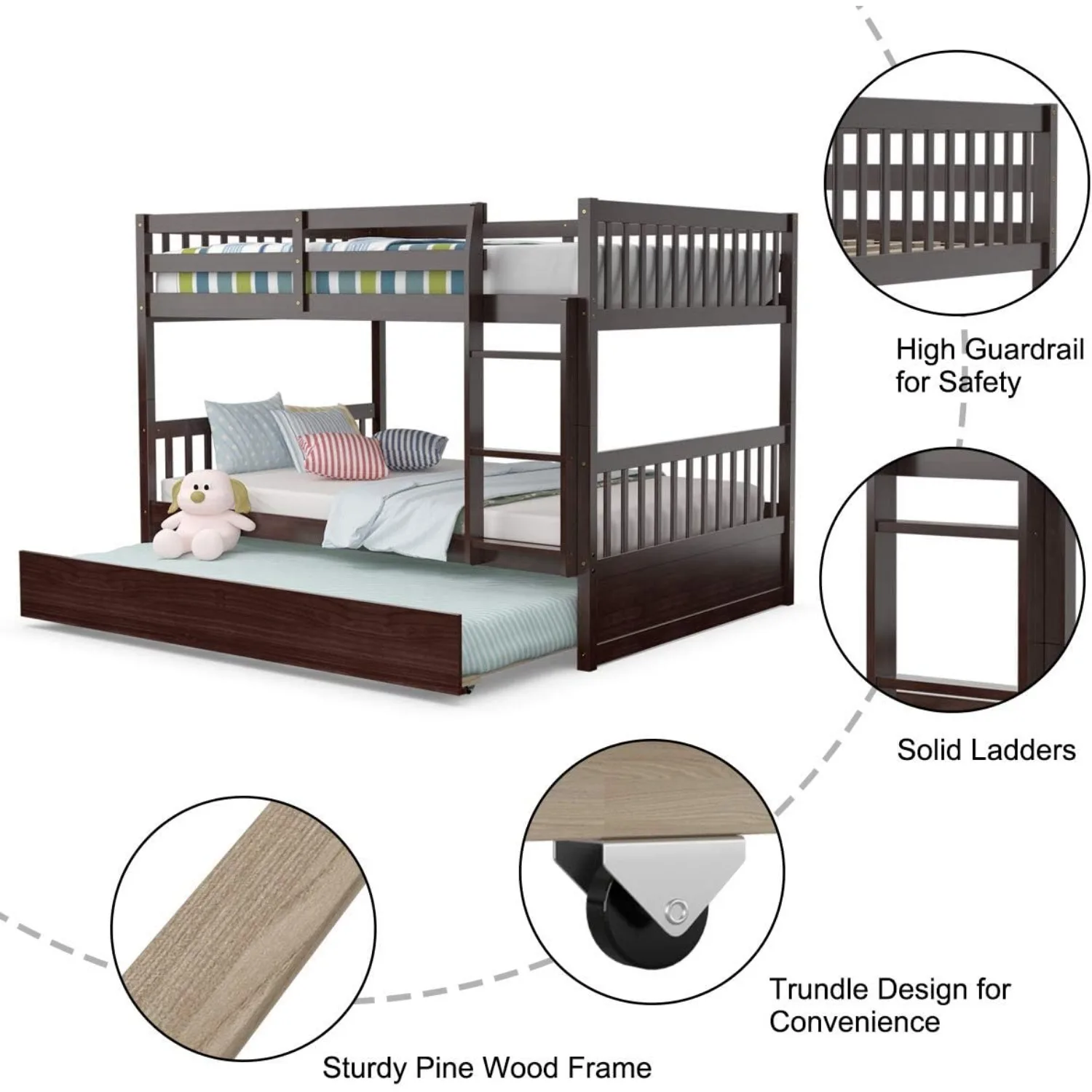 Wood Full Over Full Bunk Bed with Trundle, Bunk Bed Frame with Ladder, Solid Wood Frame & Safety Guardrails 6