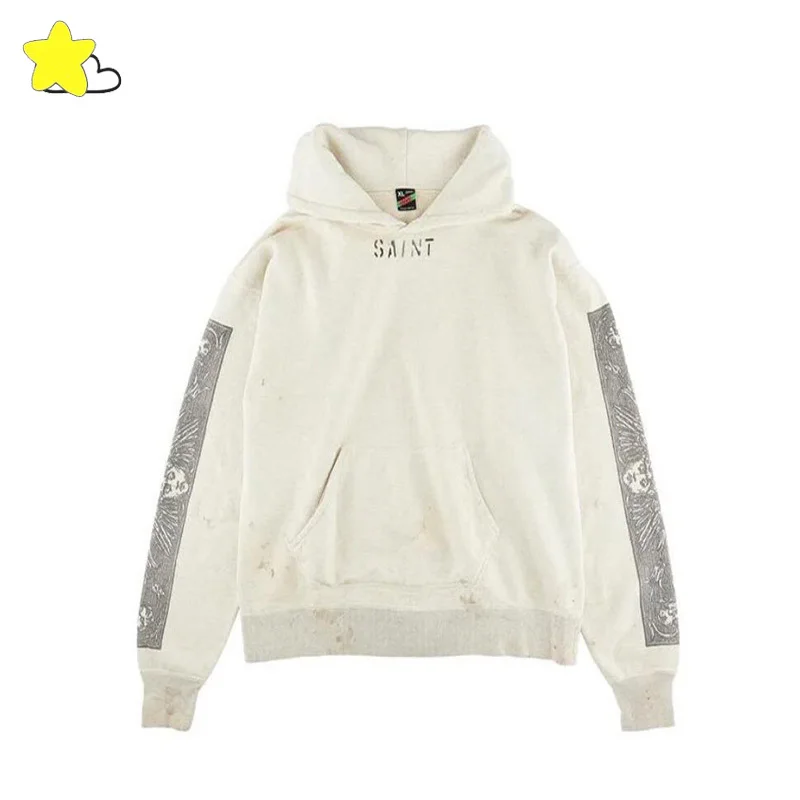 

23FW High Quality Cotton Oversized Saint Michael Hoodie Men Women 1:1 Vintage Washed Gray Destroy Pullovers Hooded With Tags