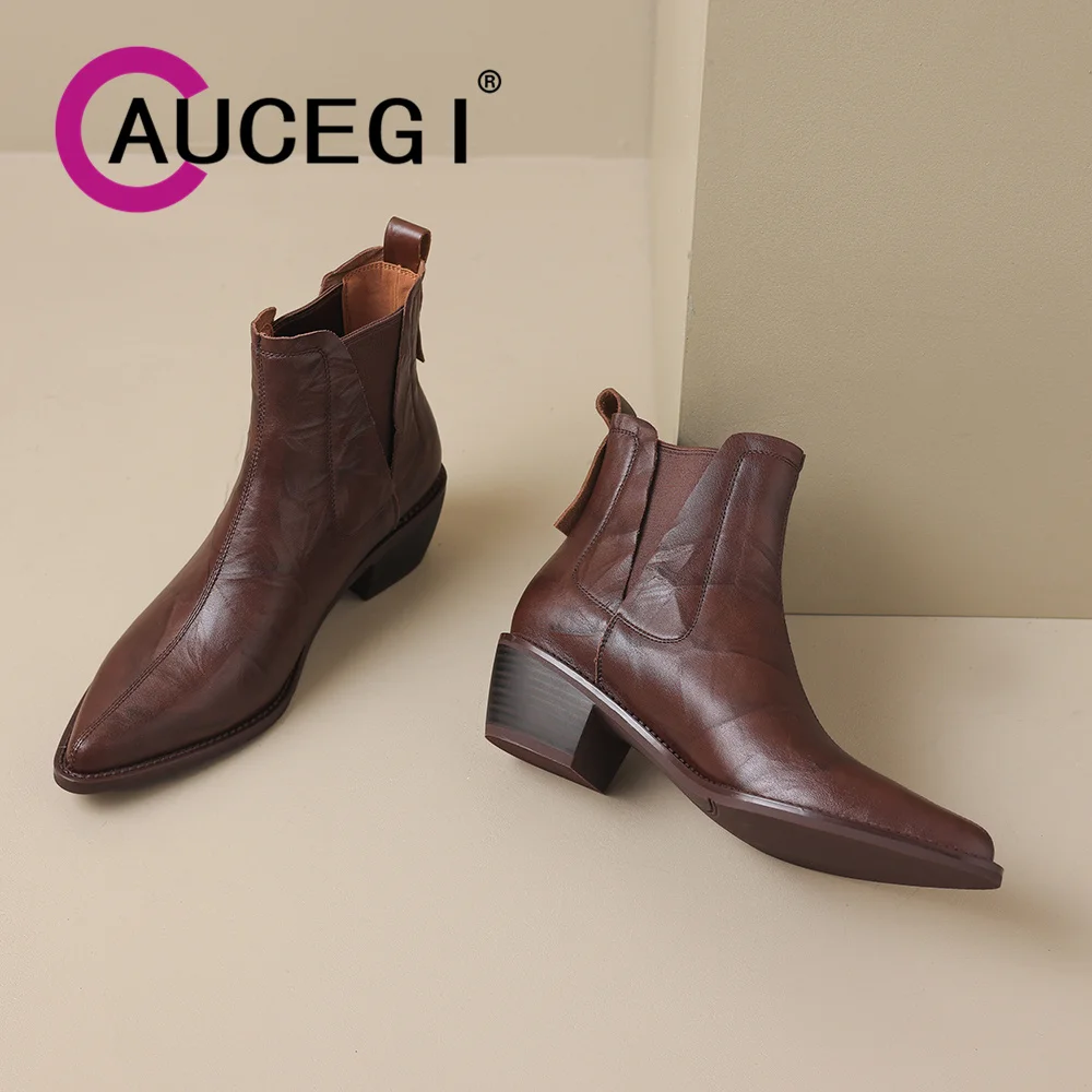 

Aucegi New Design Autumn Winter Women Chelsea Ankle Boots Fashion Genuine Leather Pointed Toe Square High Heel Elegant Shoes