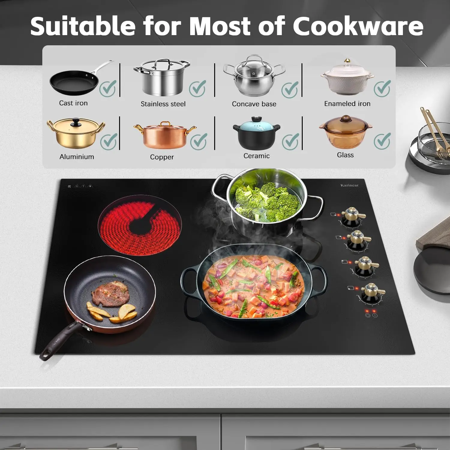 Karinear Electric Ceramic Cooktop 30 Inch, 4 Burners, Knob Control Built-in, 6700W, 220~240V Hard Wire(Gold Knob)