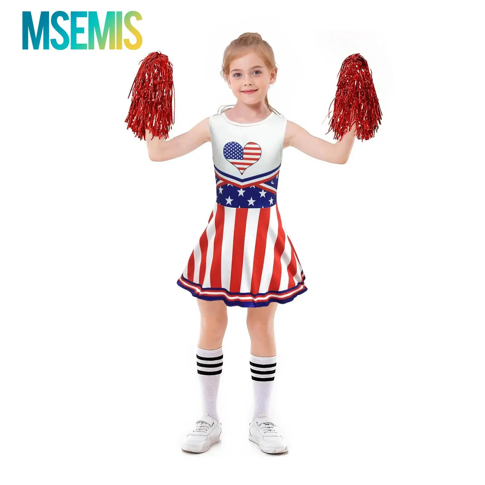 Kids Girls Cheer Leader Costume School Sports Cheerleading Uniform Print Ruffled Dress with Pom Poms Stripe Sock Cheer Outfit
