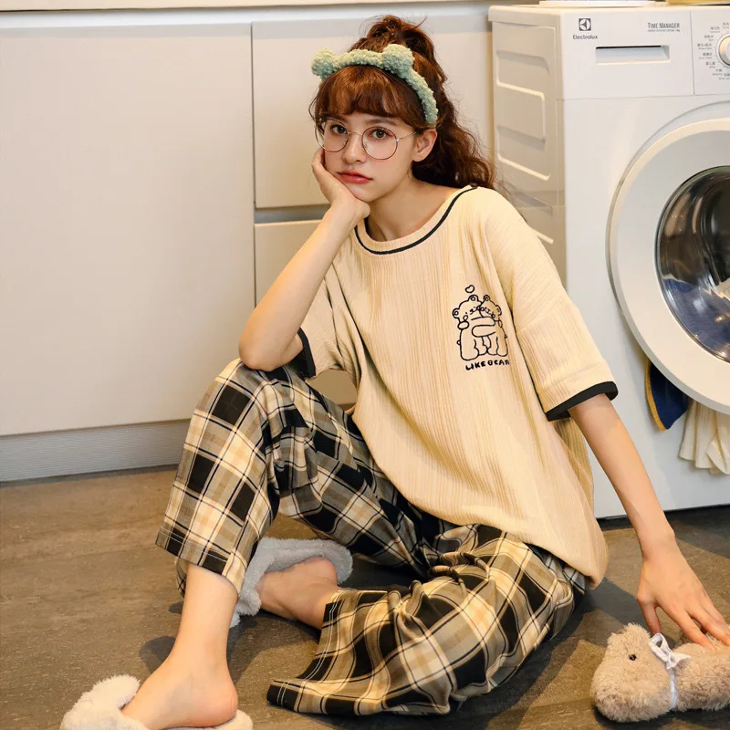 

Summer pajamas women's short sleeves Sleeping Top & Long pants Sleepwear Round Cotton Cute Korean Loungewear Cartoon Pijamas