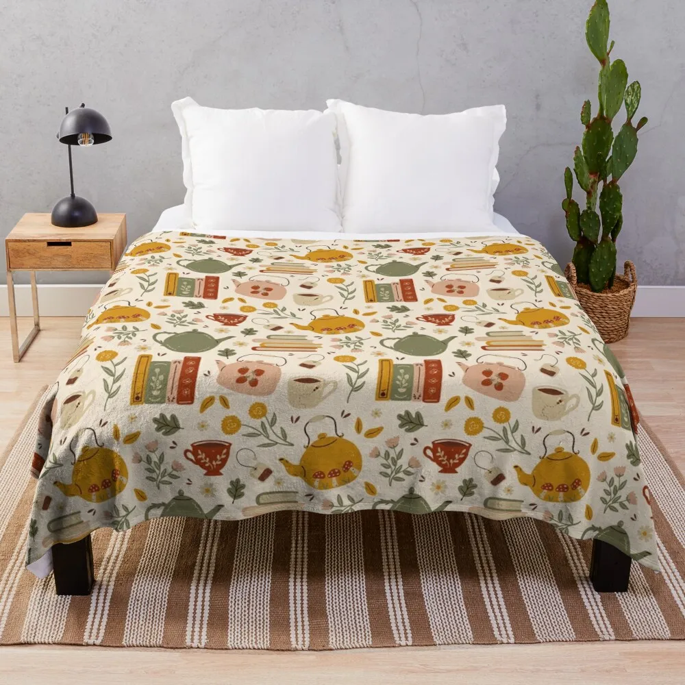 

Flowery Books and Tea Throw Blanket Decorative Beds Luxury St manga Bed linens Blankets