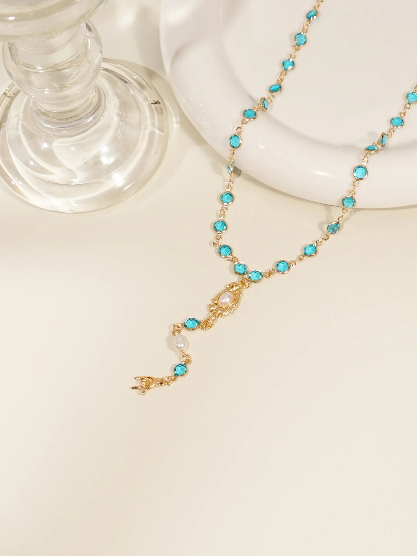 Charm Imitation Pearl Design Blue Glass Chain Y-shaped Necklace Women