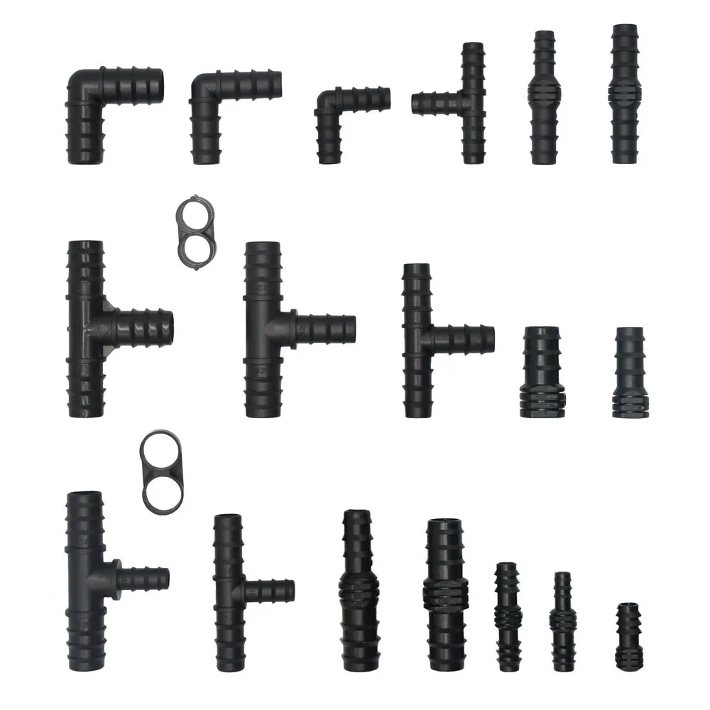 

Drip Irrigation 1/2 3/4 1" Water Tube Barbed Connector 16/20/25mm Tee Elbow End Plug Pe Pipe Coupler Reducing Fitting