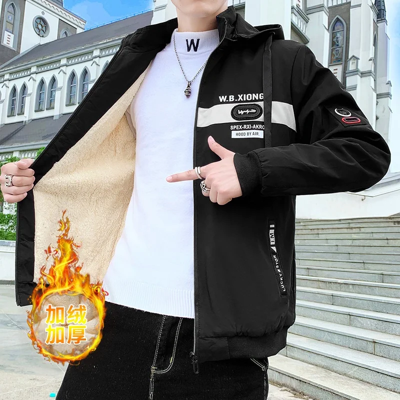 New 2023 Autumn Winter Plush Hooded Jackets Men's Casual Outwear Thicken Warm Fleece Coats Youth Slim Plus Velvet Tops Clothing