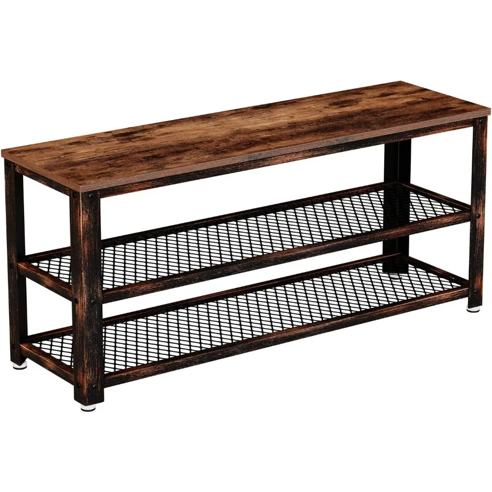 Shoe Bench, 3-Tier Shoe Rack, 39.4” Storage Entry Bench with Mesh Shelves Wood Seat Foyer Bench for Living Room,Rustic Brow