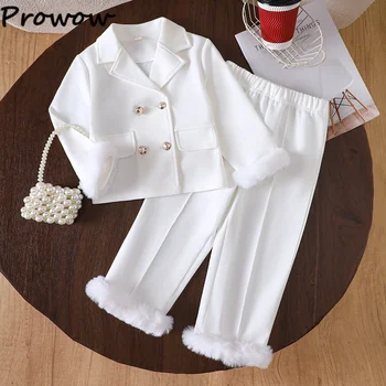 Completi invernali per bambini per ragazze Colletto rovesciato Manica in peluche Giacca e pantaloni bianchi 2 pezzi Set di abbigliamento per bambini alla moda