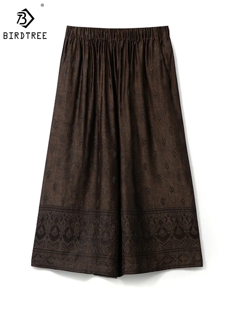 

Birdtree 45%Mulberry Silk Watered Gauze Culotte Elasticated Waist Jacquard Weave Casual Wide-leg Pants Autumn Winter B39563QM