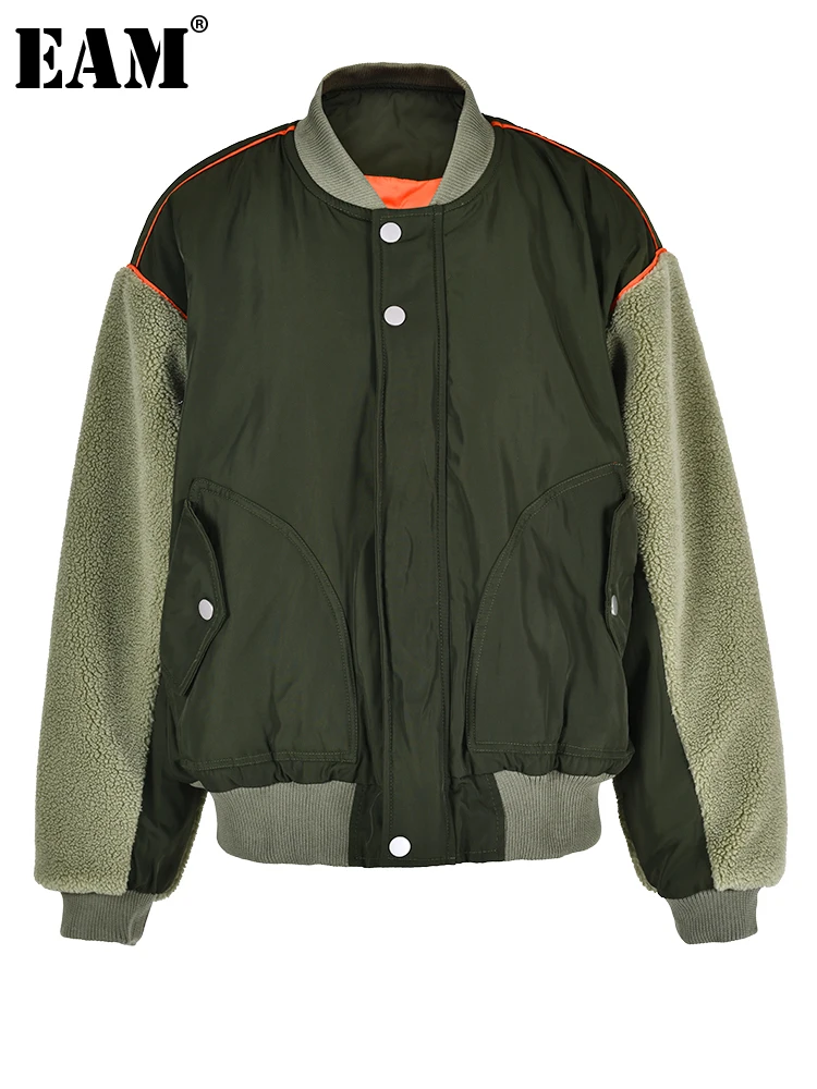 

[EAM] Lambswool Big Size Thick Cotton-padded Coat Long Sleeve Loose Fit Women Parkas Fashion Tide New Autumn Winter 2024 CP2022