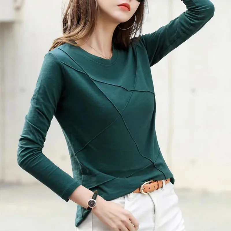 New Autumn Women's Clothing Crew Neck Long Sleeve T-Shirt Solid Color Fashion Checked Casual Bottom Shirt 17279