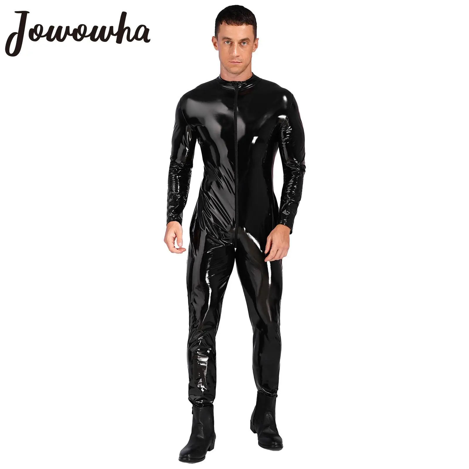 

Mens Glossy Catsuit Patent Leather Zipper Crotch Jumpsuit Shiny Wet Look Bodysuit Long Sleeve Rave Party Pole Dancing Clubwear