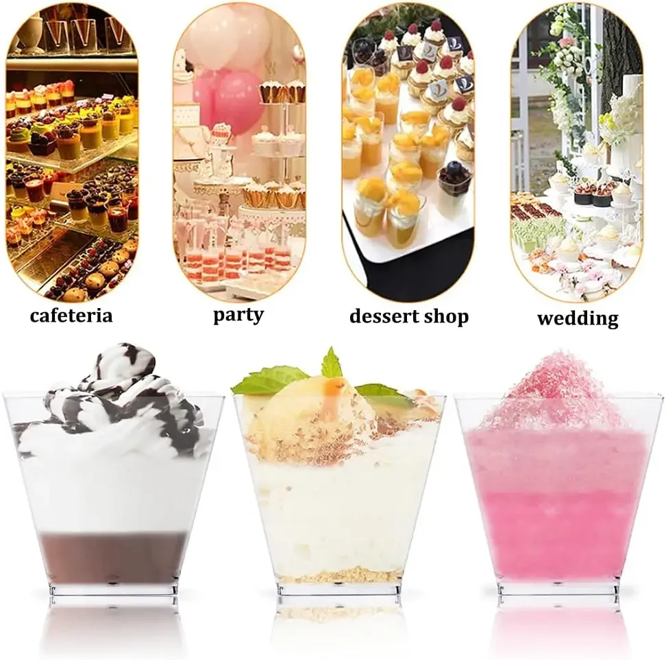 25-200Pcs 2/4/5OZ Square Mini Dessert Cup Set, Free Spoon, Transparent Parfait Appetizer Cup for Dessert, Appetizer, Ice Cream