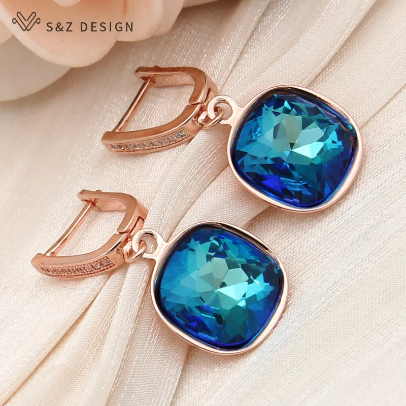 S&Z DESIGN New Fashion Colorful Square Crystal Dangle Earrings For Women Wedding Jewelry Gift 585 Rose Gold Color Eardrop