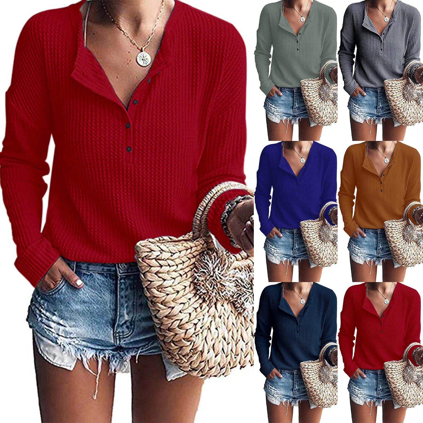 

Womens Long Sleeve Plain Tees Women Knit Tunic Blouse Loose Long Sleeve Button Up V Neck Henley Shirts Autumn Winter Casual Tops