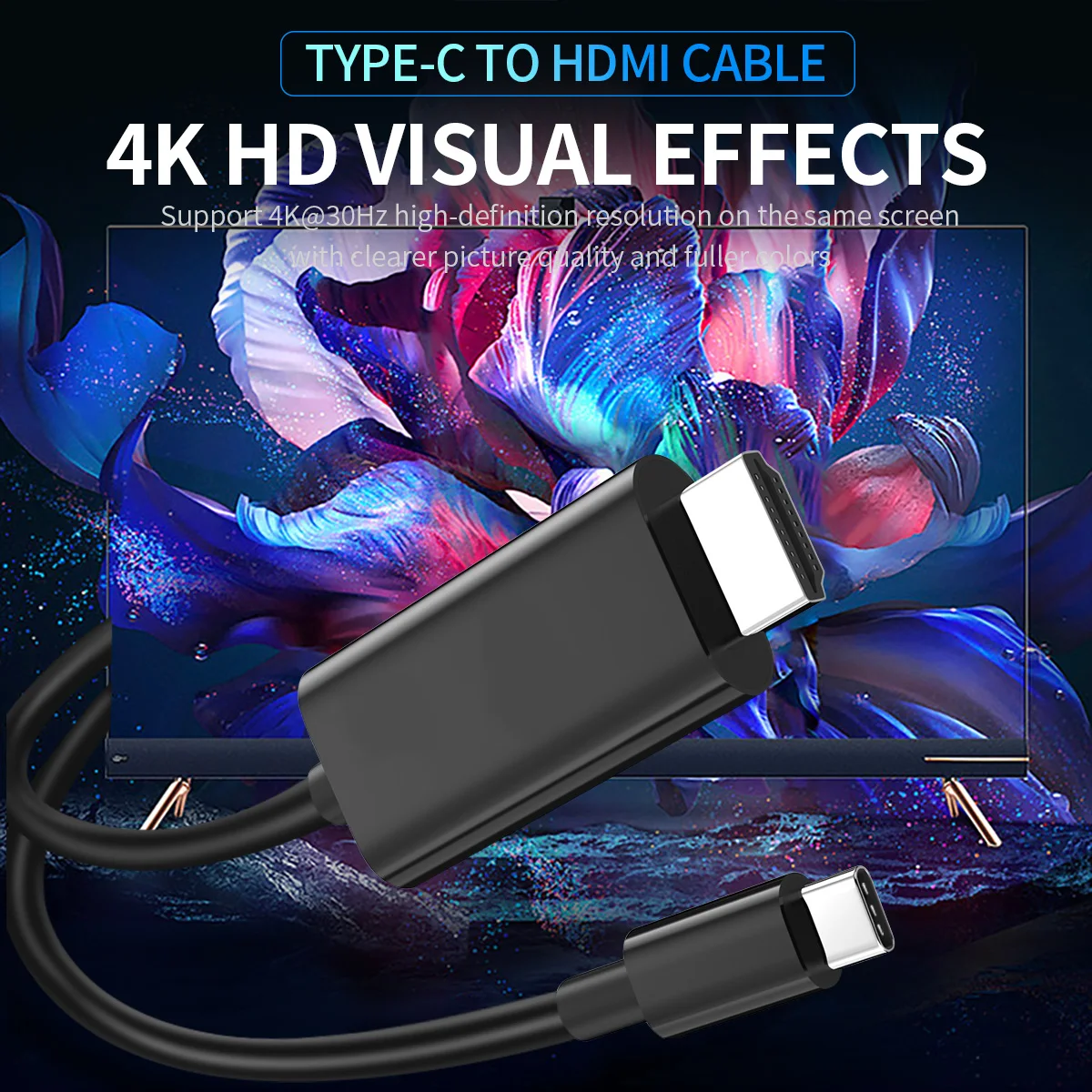 C타입 HDMI 고화질 코 스크린 케이블, 블랙 ABS 6.6ft 4K, 모니터 MAC 아이패드 프로 맥북 에어 크롬북 TV용, 4K30Hz