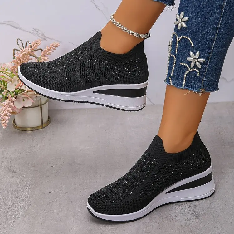 Damen-Sneaker mit Strass-Verzierung und Keilabsatz, Slip-On, Atmungsaktive Walkingschuhe, Bequeme Plateau-Keilabsätze für Alltägliche Freizeitkleidung – Detail 3