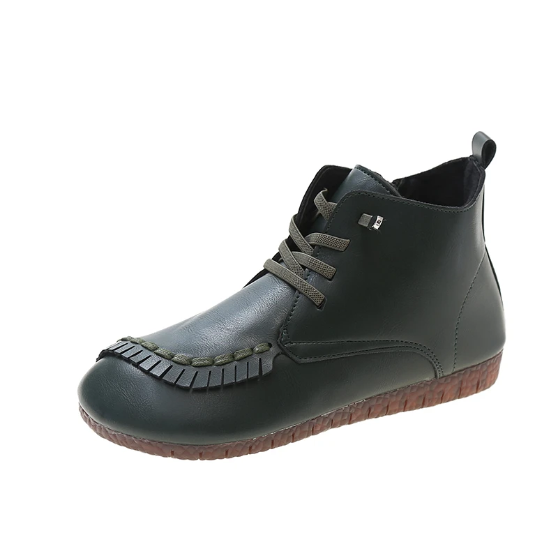 

Woman Flat Casual Autumn Winter Retro Shoe Decorate Tassel Contrast Stitch Front Lace-up Side Zip Soft Non-slip Sole Green