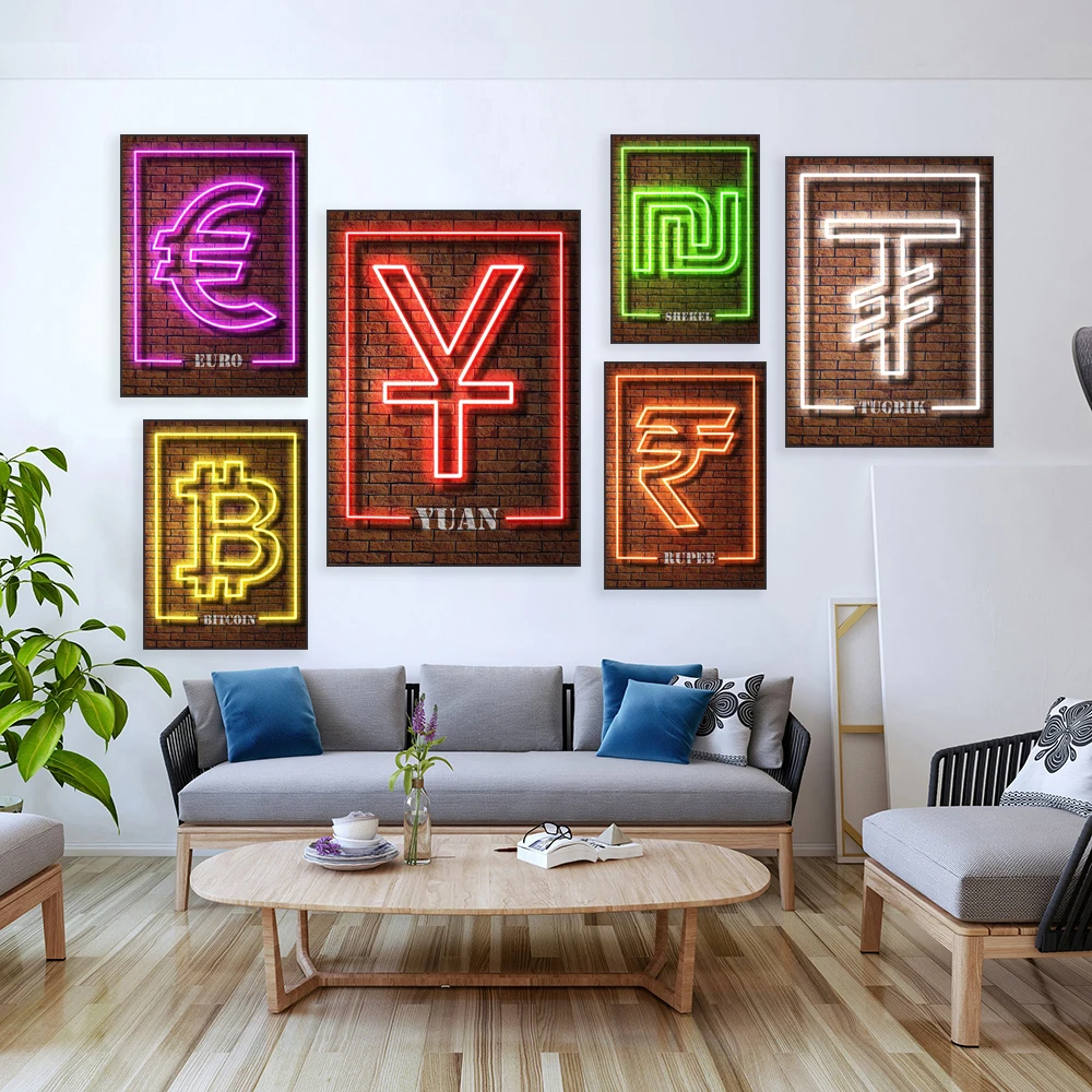 네온 효과 그래픽 인쇄 유로, 달러, 파운드, 엔, 비트코인, 루피, 이더리움, 태국 바트 표지판 인쇄 벽 장식 포스터 -  AliExpress