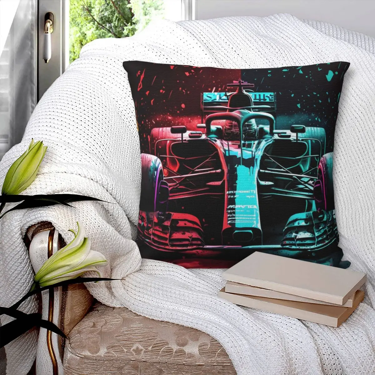 

Colorful F1 Car -pink And Cyan Square Pillowcase Pillow Cover Polyester Cushion Decor Comfort Throw Pillow for Home Bedroom