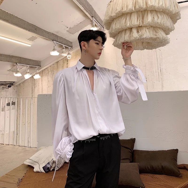 Men Long Puff Ruffles Sleeve BF Gothic Palace Vintage Blouse Bat Style Folds Gentleman Victorian Elegant Fashion Tops Shirts проигрыватели винила alive audio vintage gentleman c bluetooth