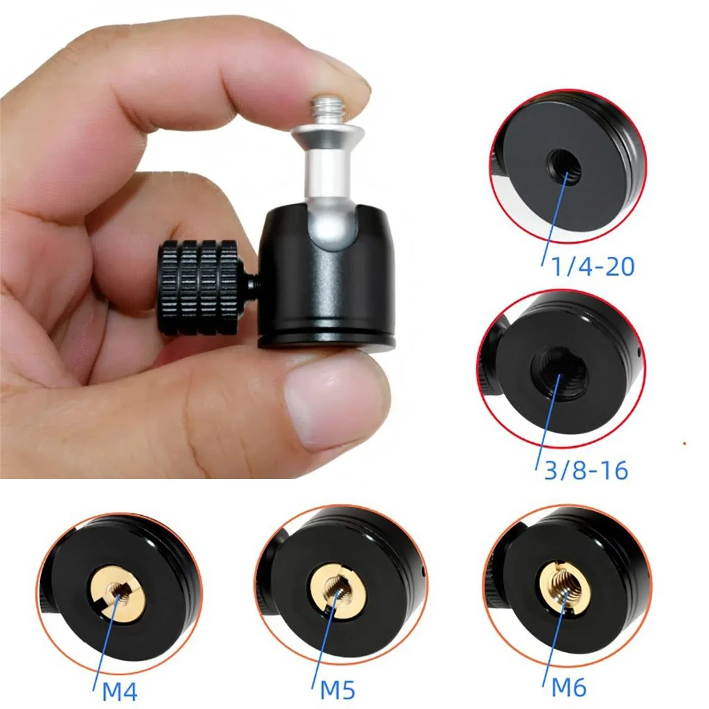 Mini Ball Head Adapter 360 Swivel Mount 1/4 3/8 M4 M5 M6 Hole Tripod Monitor Light Stand for Gopro Insta360 Phone Live Broadcast