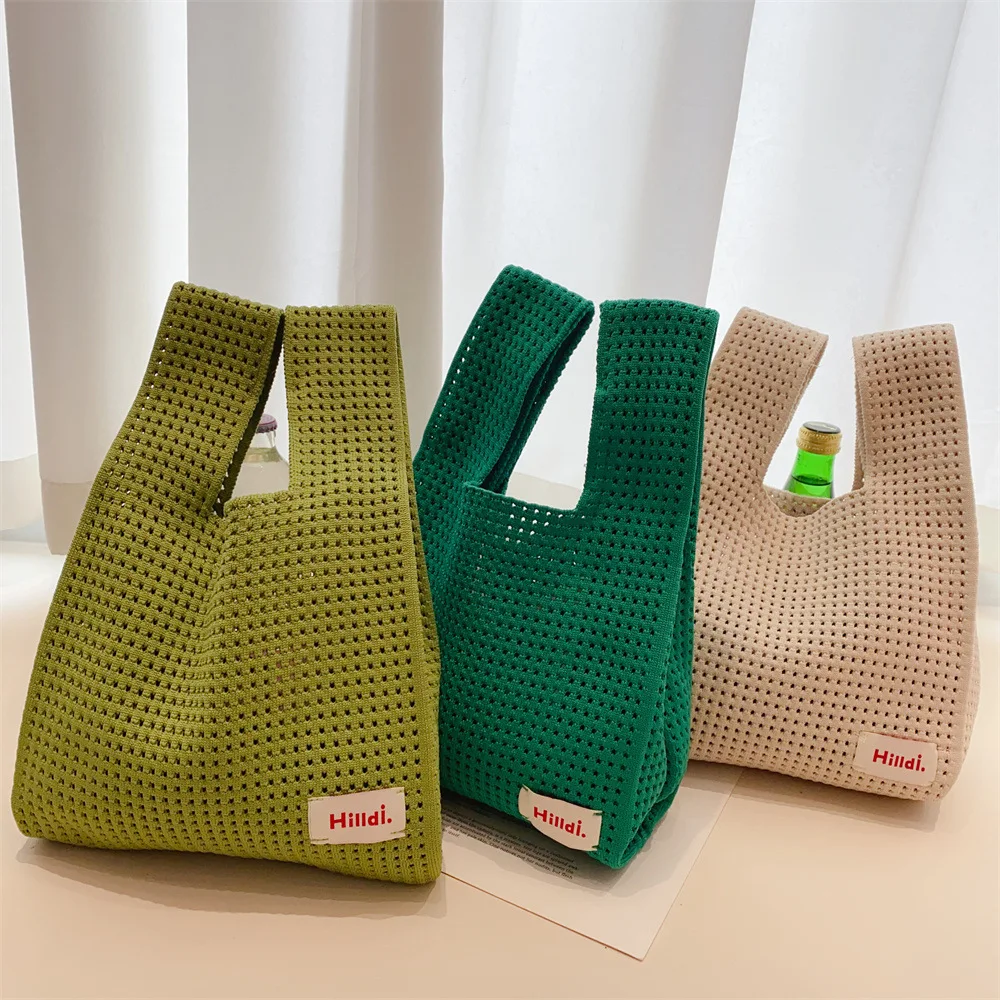 Summer Beach Y2K Solid Colorful Handbag Waffle Knit Small Tote Hollow Out Simple Minimalist Street Style Bag Trend Wholesale