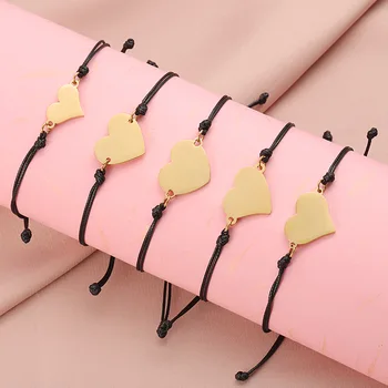 10pcs Fashion Handmade Heart Charms Black Rope Good Lucky Bangles Adjustable Charm Bracelets For Women Men Lovers' Gift