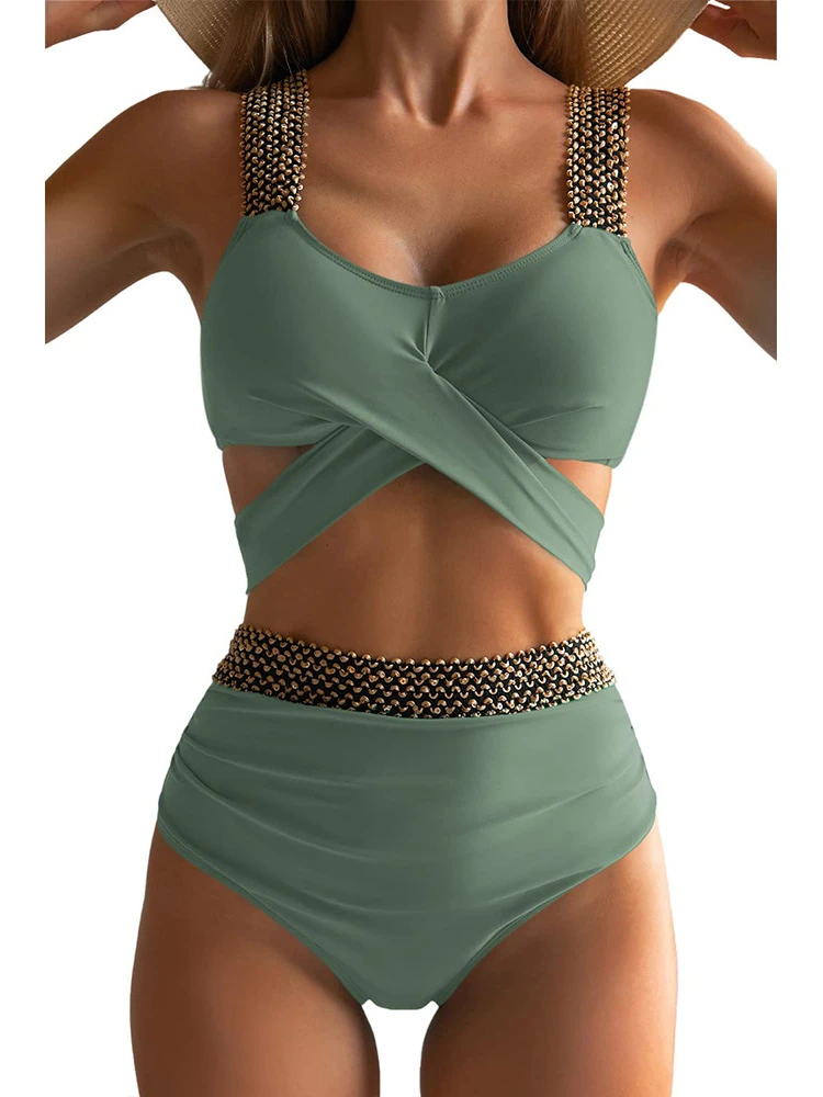 2023 New Women Two Piece Cross Wrap Bathing Suit Tie Back High Waist Tummy Control Swimsuit Curvy Bikini Set Swimwear Biquini XL
