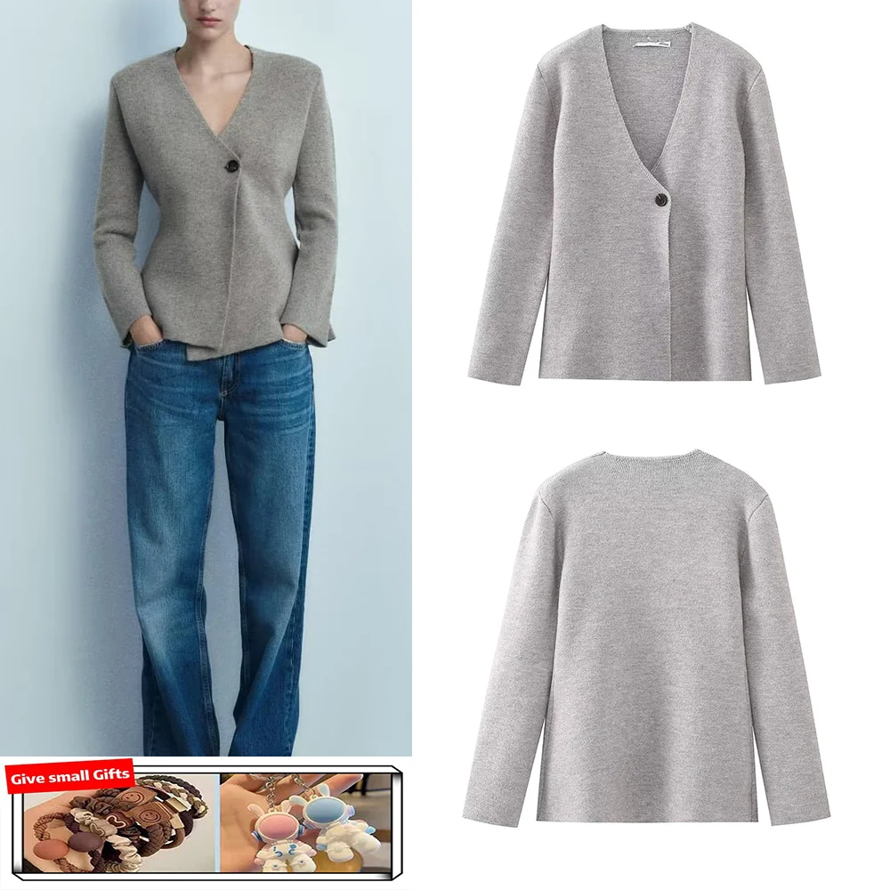 

New European and American style women's blended skirt-style hem design V-neck one-button knitted jacket